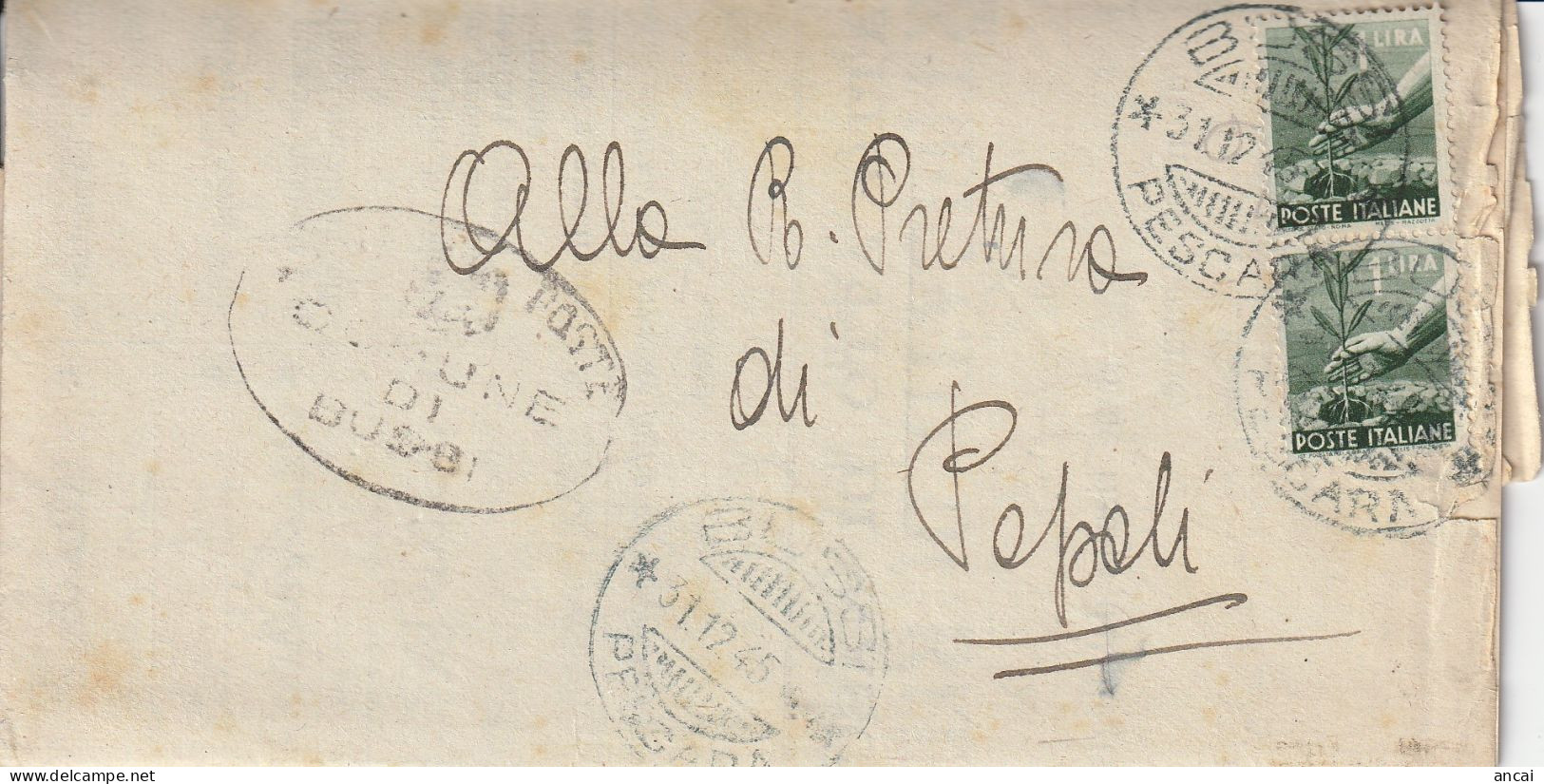 Italy. A163. Bussi. 1945. Stampe Da BUSSI *PESCARA* Per Popoli.  Democratica L. 1 X 2 - Postal Parcels