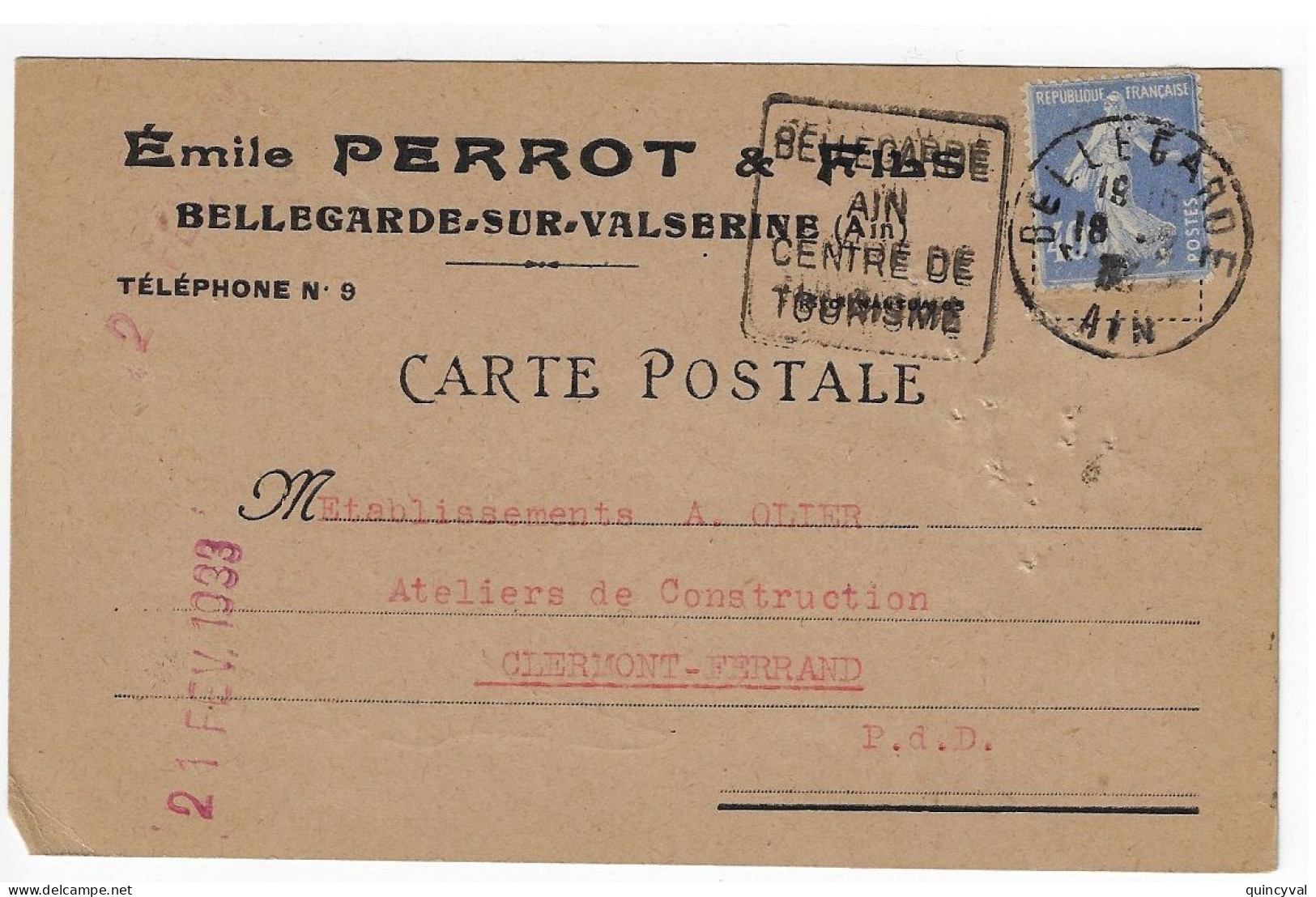 BELLEGARDE Ain Carte Postale Commerciale Entête PERROT 40c Semeuse Yv 237 Ob 1933 Daguin Ain Centre Tourisme - Maschinenstempel (Sonstige)