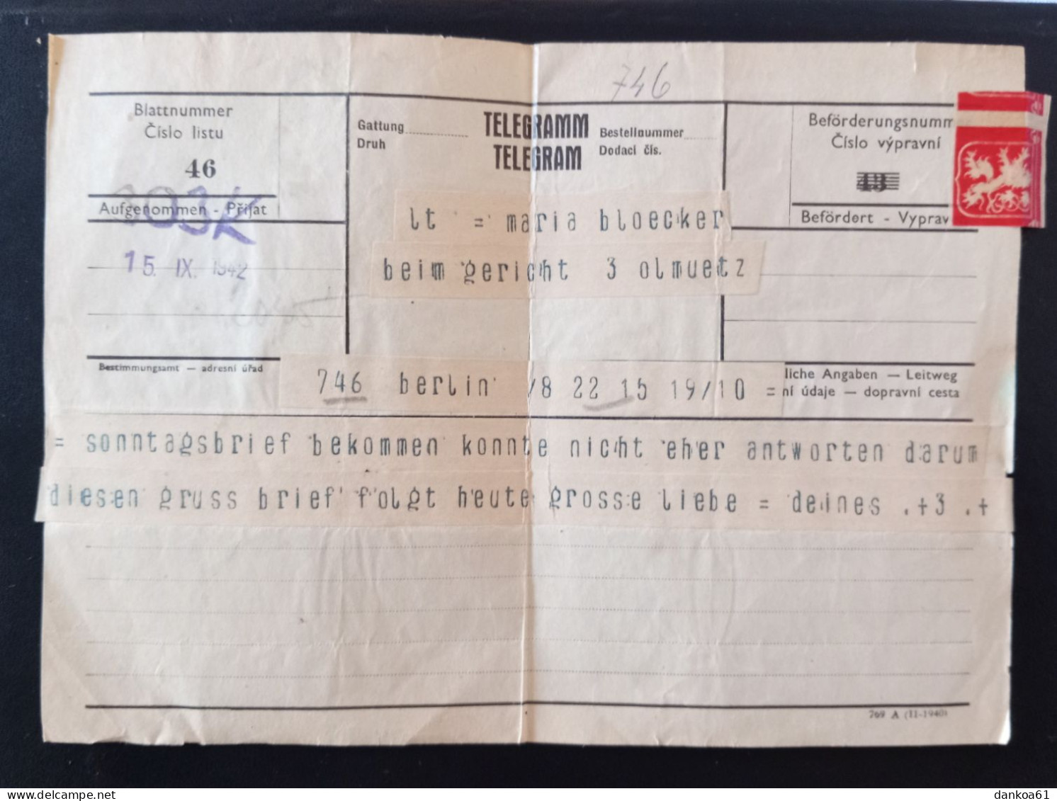 Telegram Berlin-Olmuetz 15.IX 1942. - Sonstige & Ohne Zuordnung