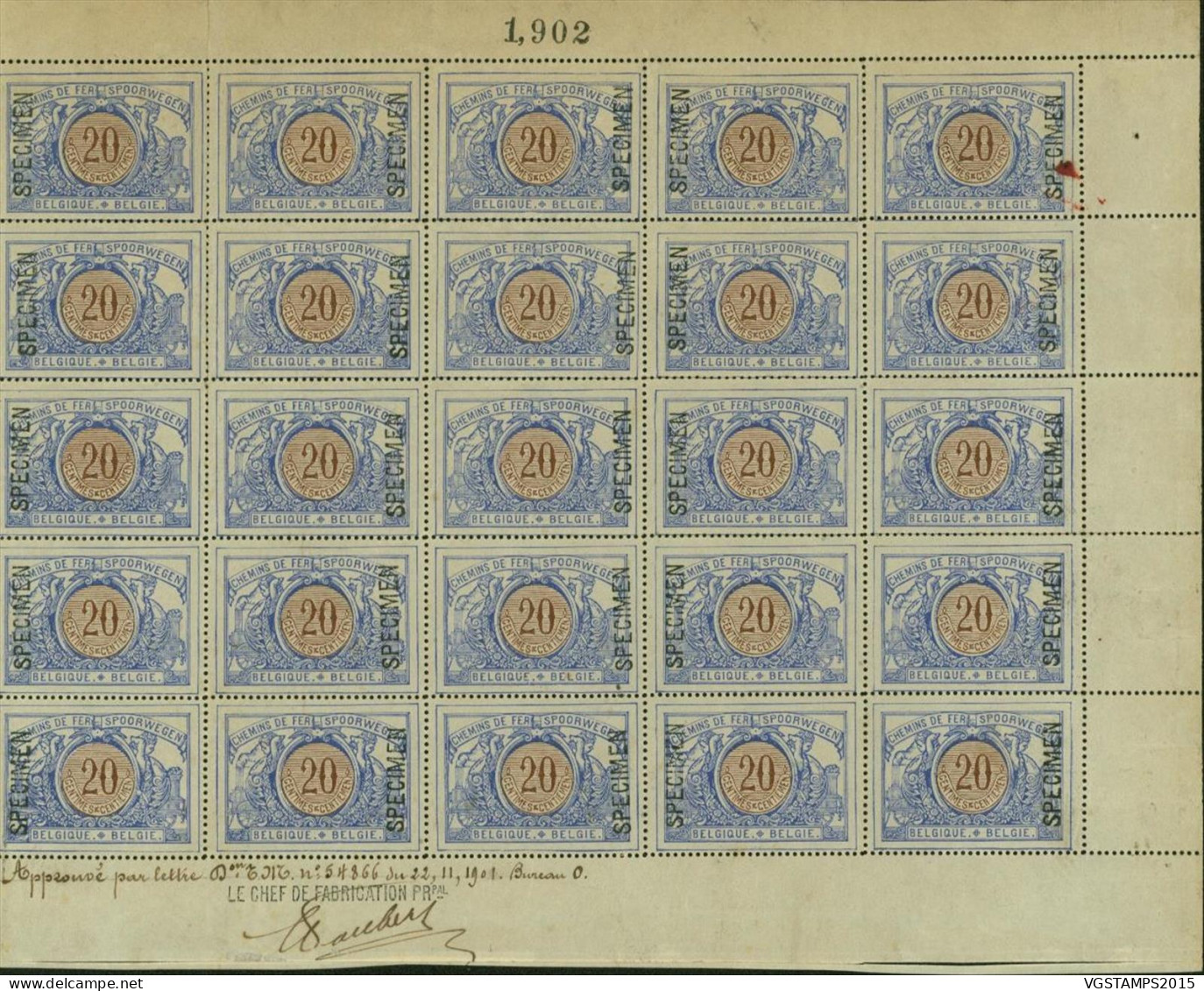 Belgique 1902 -Timbres Neufs Sans Gomme. COB Nr.: TR30. Bloc De 25 Avec Surcharge"Specimen".......(EB) AR-01000 - Timbres