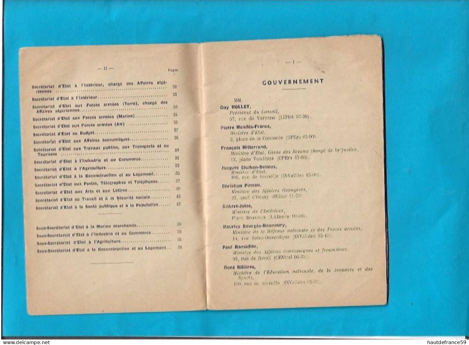 RARE Secretariat Général Du Gouvernement 1956 Ministère GUY MOLLET Composition Avec Cabinets Ministériel 47 Pages - Uniformes