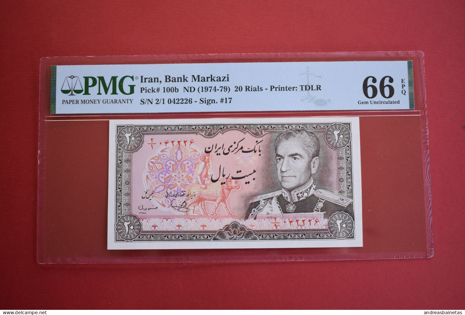 Banknotes Iran 20 Rials 1974-1979 Pick #100b S/N  2/1 042226 PMG 66 Signature 17 - Iran