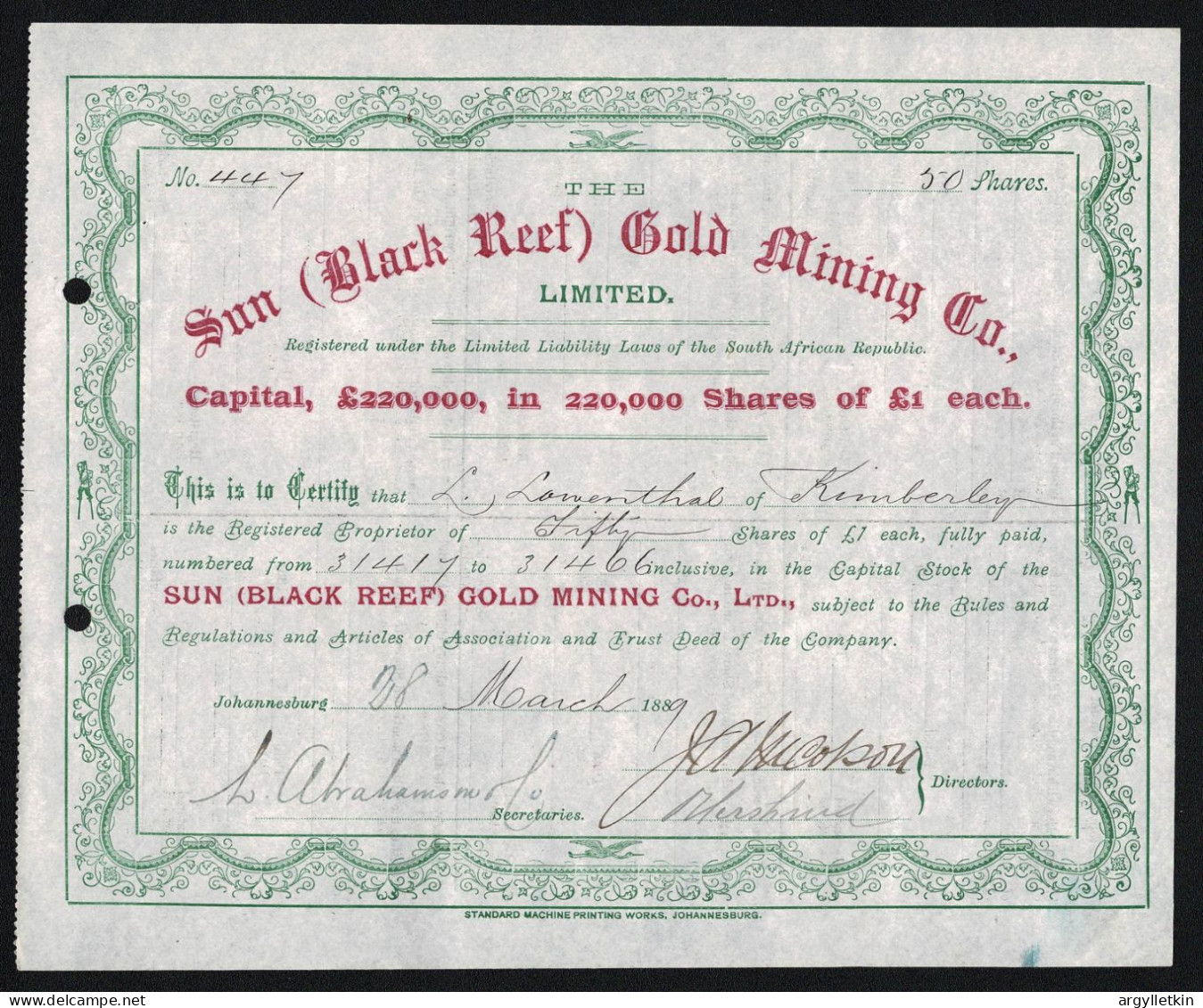 SOUTH AFRICA GOLD MINE SHARE CERTIFICATE 1889 - Mines