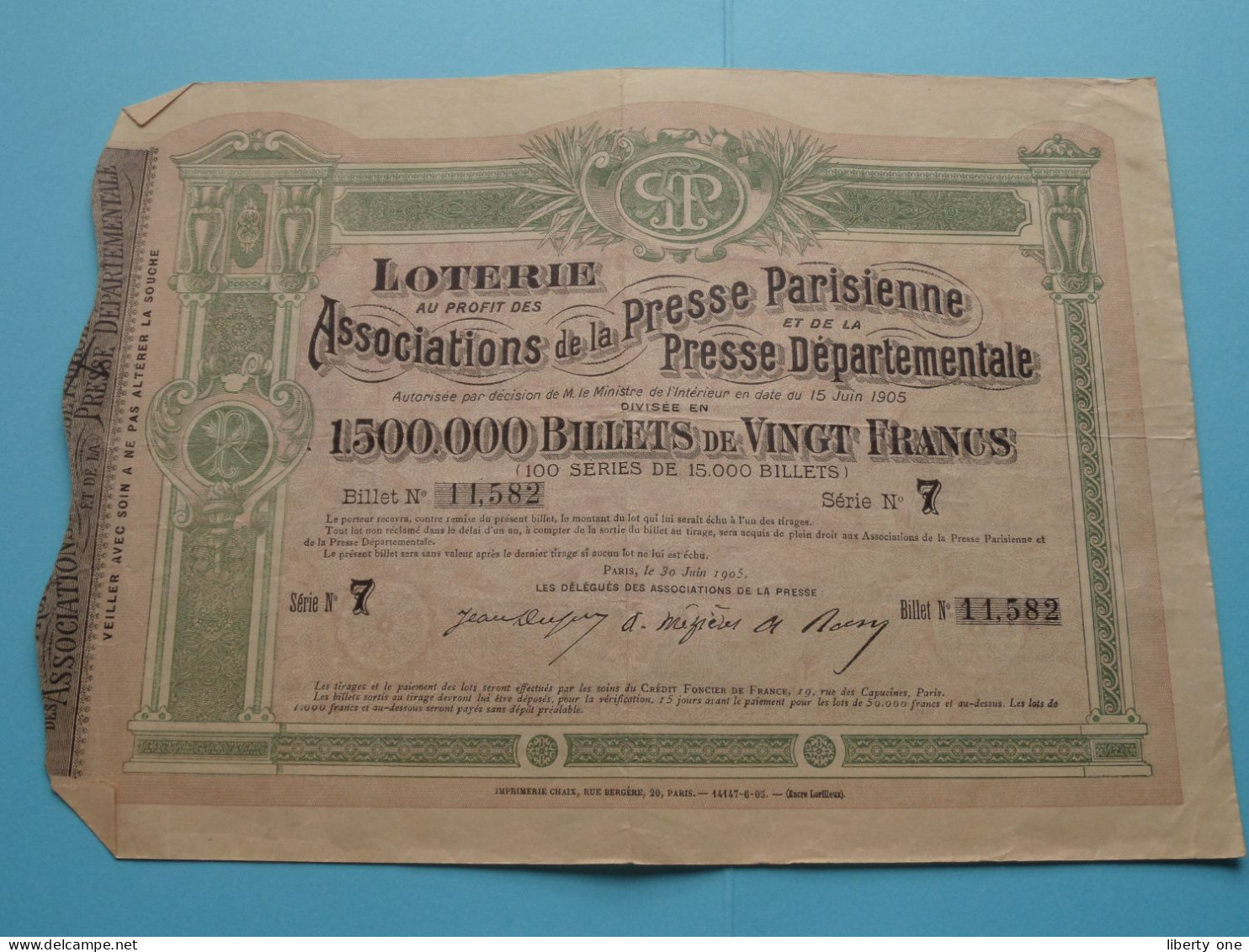 LOTERIE Au Profit Des Ass. De La Presse PARISIENNE Et De La Presse Départementale ( Voir / Zie Scans ) Série 7 - 1905 ! - Billets De Loterie