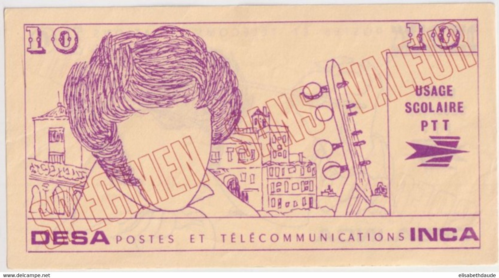 10 F BERLIOZ - BILLET FICTIF SPECIMEN Des POSTES PTT à USAGE SCOLAIRE DESA INCA - Ficción & Especímenes