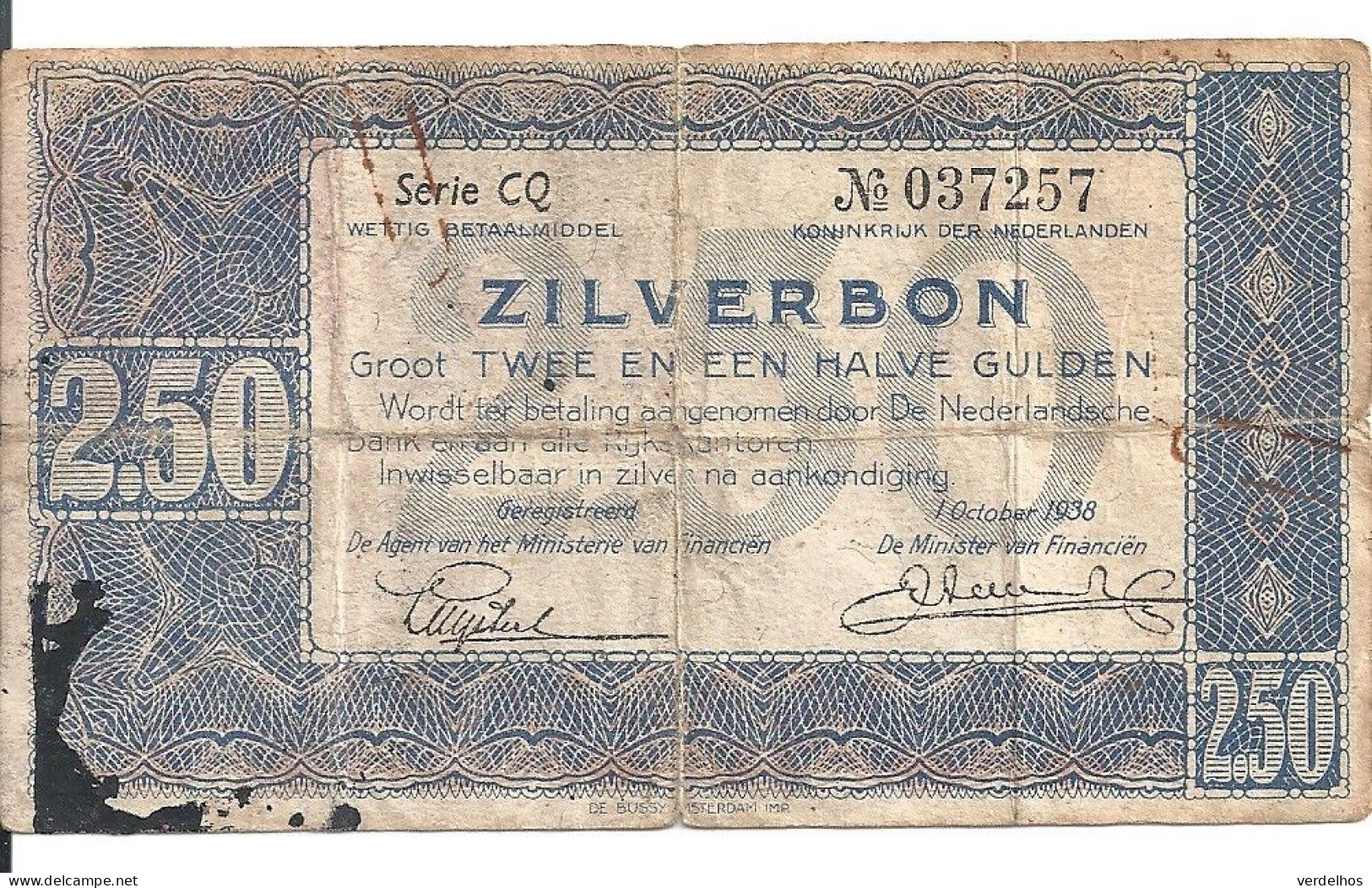 PAYS-BAS 2.50 GULDEN 1938 VG+ P 62 - 2 1/2 Gulden
