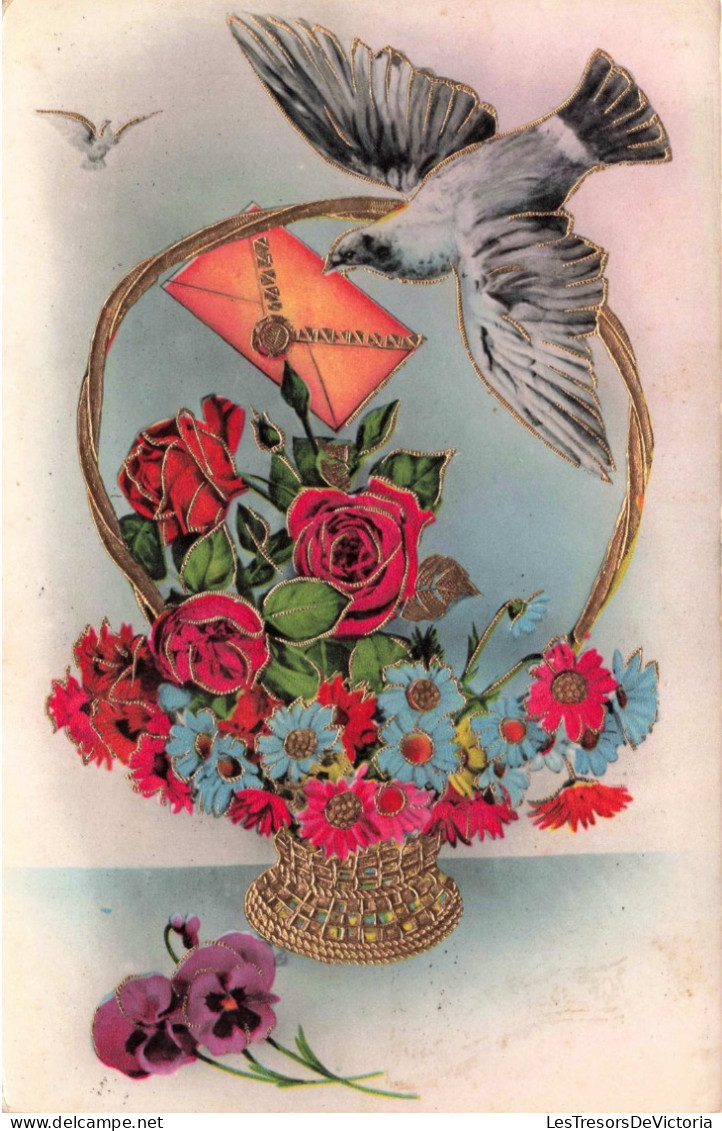 FANTAISIES - Bouquet De Fleurs - Pigeon Déposant Une Lettre - Colorisé - Carte Postale Ancienne - Otros & Sin Clasificación