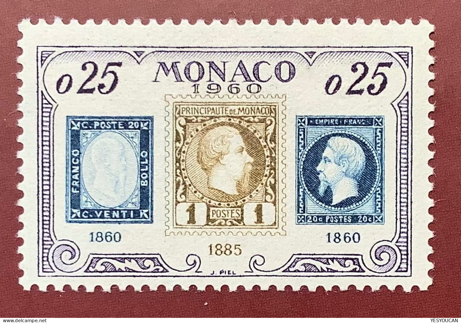 Monaco 1960 YT525 VARIÉTÉ RRR ! INCONNU: CENTRE RENVERSÉ ** Cert. Scheller, 25c 1860-1960 (inverted Center MNH Variety - Ungebraucht