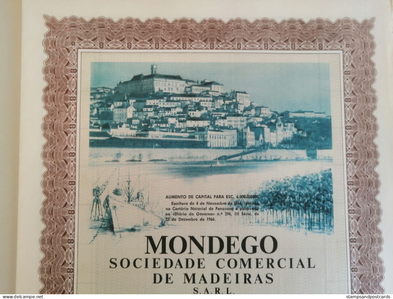 Portugal Titre 1 Action Mondego Commerce De Bois Vue De Coimbra Timbre Fiscal 1966 Stock Certificate 1 Share Wood Sales - Brieven En Documenten