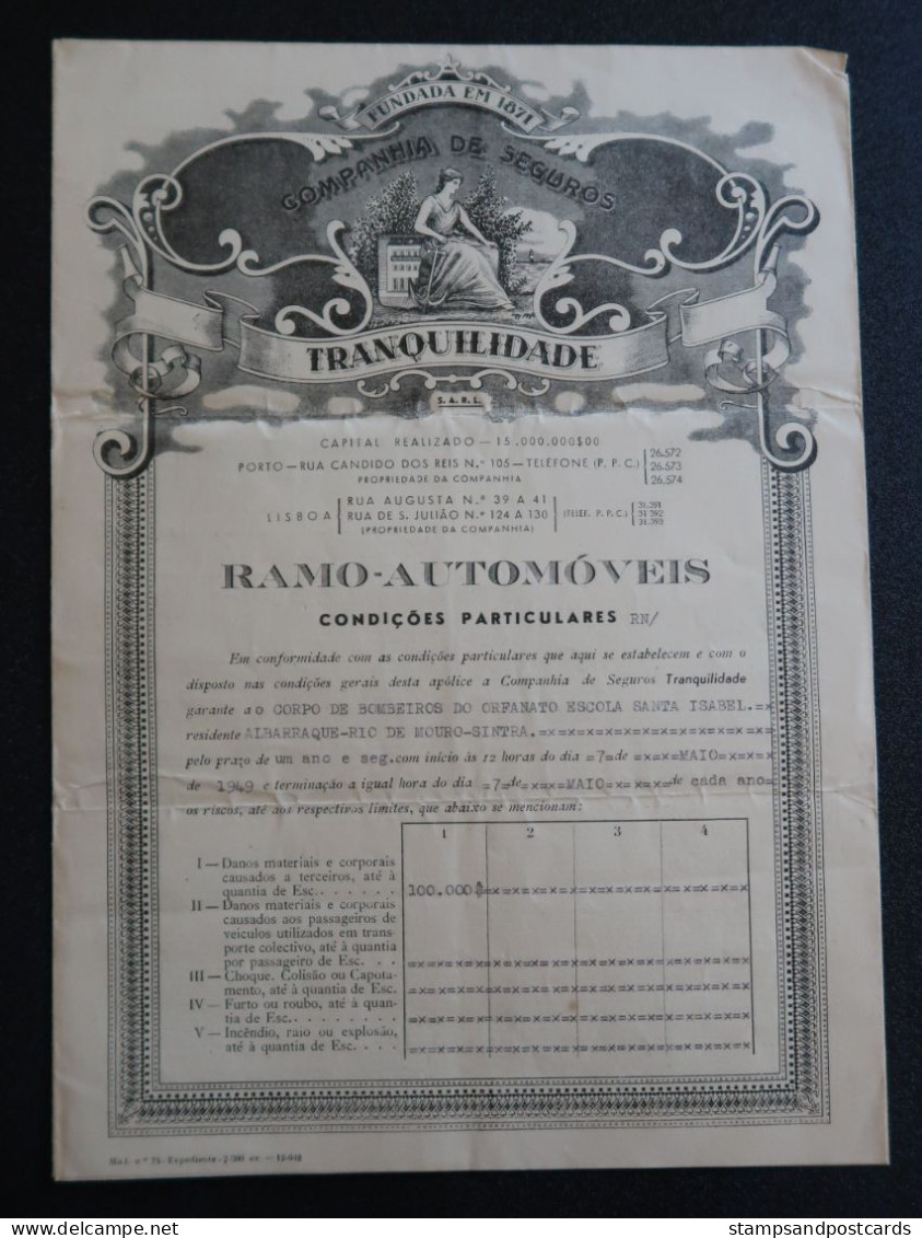 Portugal Contrat Assurance Auto Voiture Buick 1949 Companhia De Seguros Tranquilidade Insurance Policy Auto - Portugal