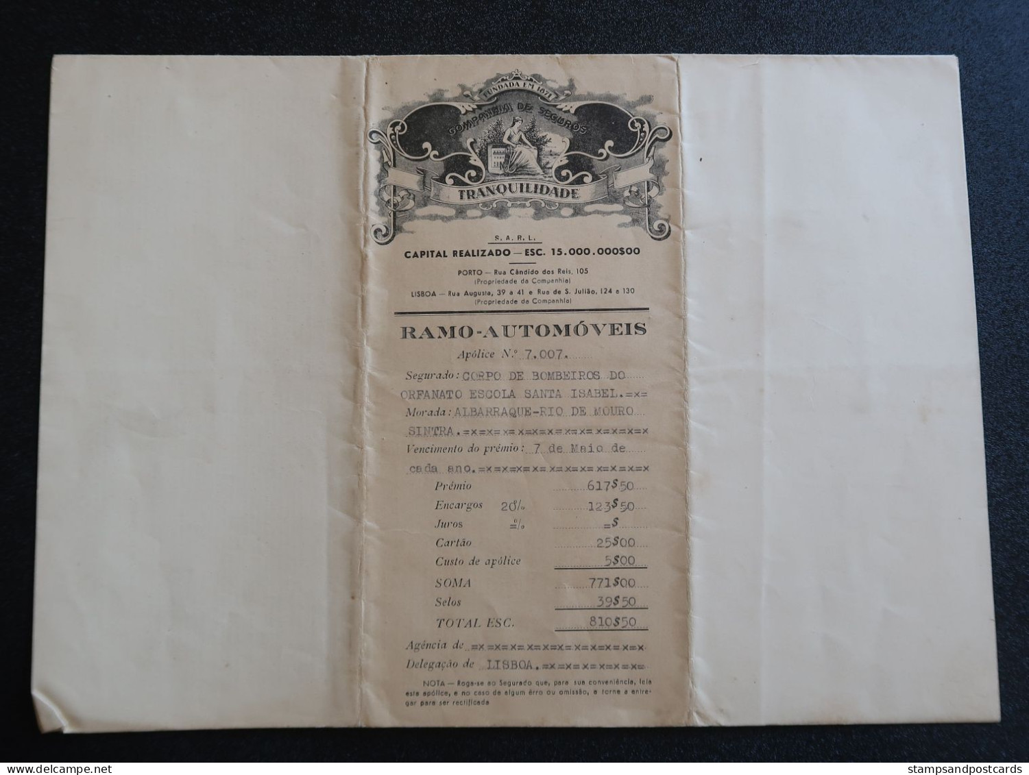 Portugal Contrat Assurance Auto Voiture Buick 1949 Companhia De Seguros Tranquilidade Insurance Policy Auto - Portugal