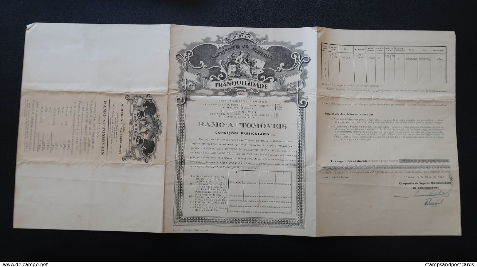 Portugal Contrat Assurance Auto Voiture Buick 1949 Companhia De Seguros Tranquilidade Insurance Policy Auto - Portogallo