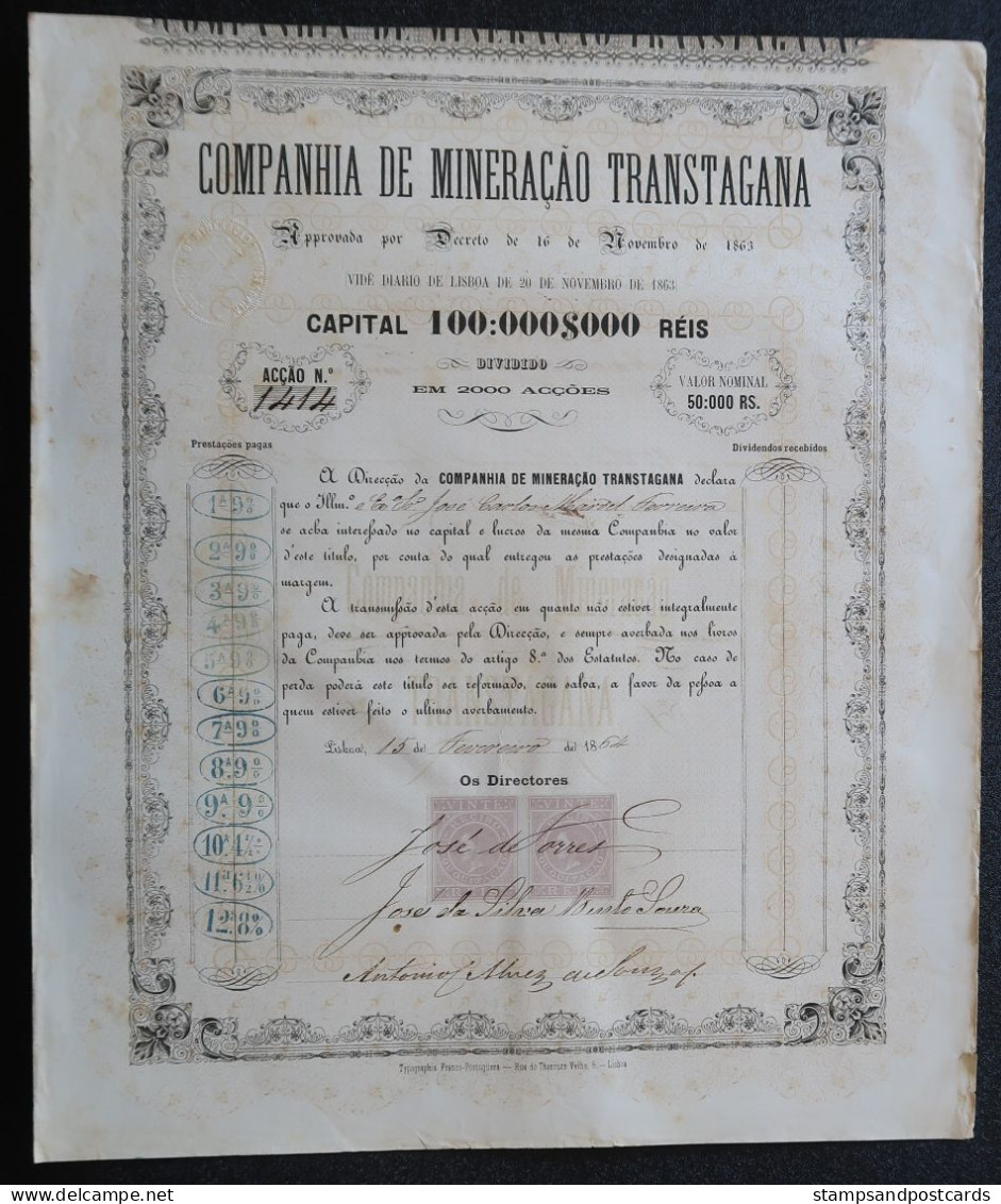 Portugal Action 1864 Companhia De Mineração Transtagana Mines Aljustrel Alentejo Stock Certificate - Mines