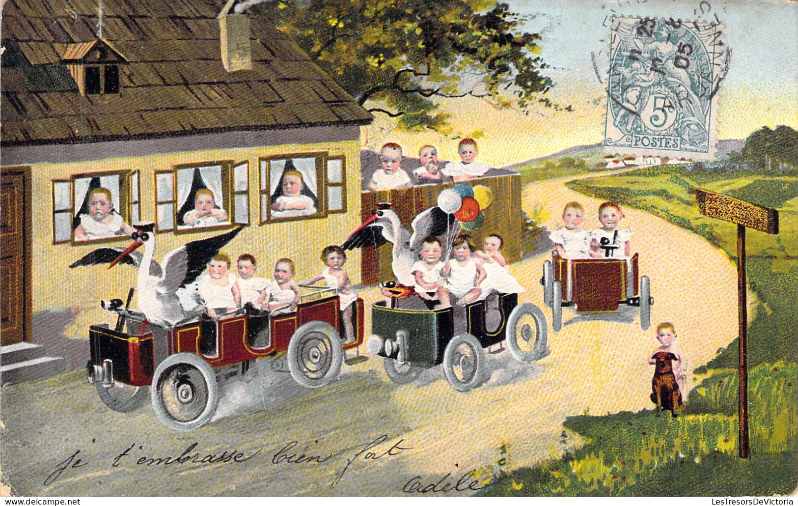 ENFANTS - Bébés - Dans Des Petits Trains Avec Cigognes Et Ballons  - Carte Postale Ancienne - - Grupo De Niños Y Familias