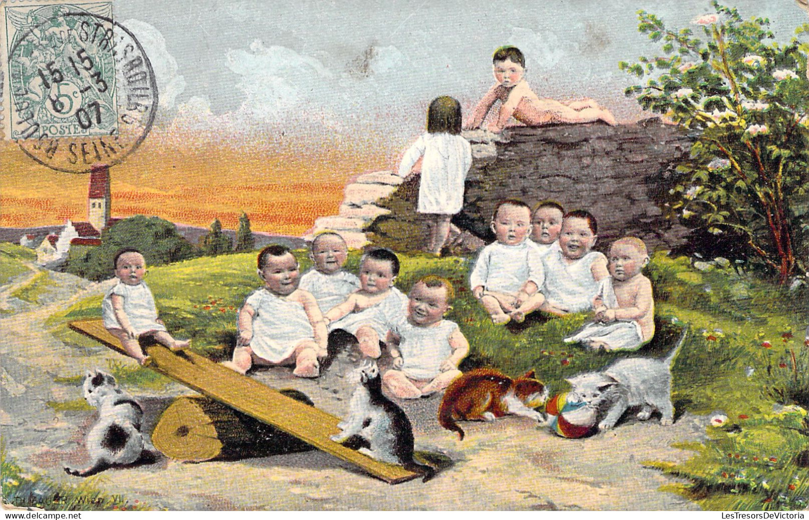 ENFANTS - Bébés - Balancoire En Bois Et Chats Jouant A La Balle - Carte Postale Ancienne - - Gruppi Di Bambini & Famiglie