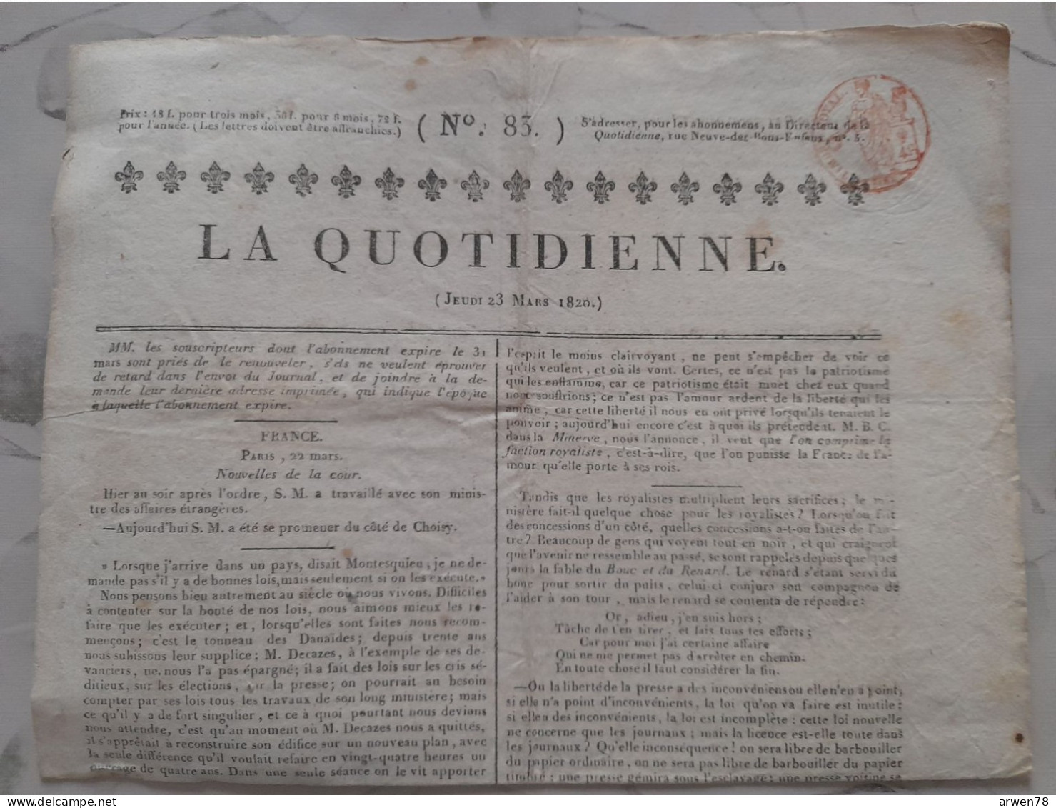 Journal LA QUOTIDIENNE 23 Mars 1820 Citation De MONTESQUIEU Sur Les Lois ( Toujours D'actualité ! ) - Periódicos - Antes 1800