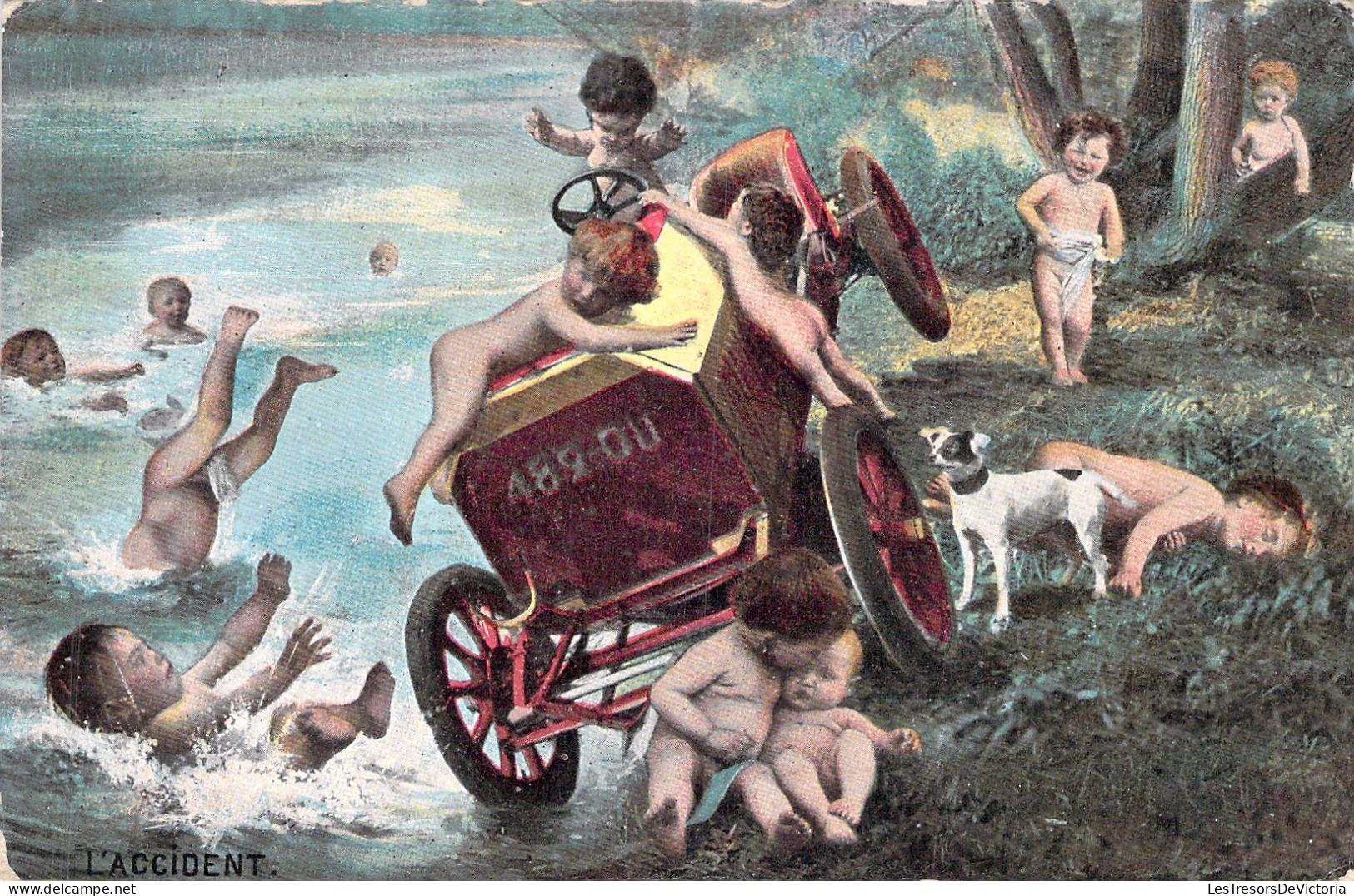 ENFANTS - Bébés - Sur Une Voiture Qui Se Renverse - L'accident - Carte Postale Ancienne - - Gruppen Von Kindern Und Familien