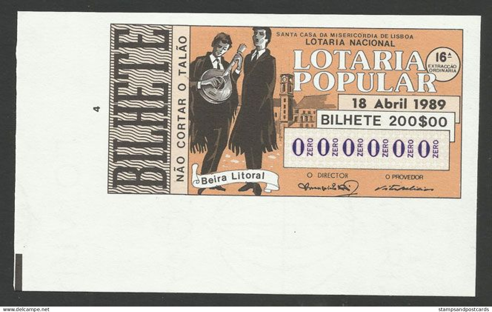 Portugal Loterie Populaire SPECIMEN Fado De Coimbra Musique Guitare 18.04.1989 RARE Lottery Music Guitar - Billets De Loterie