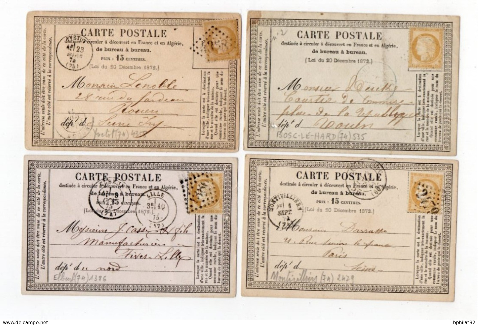 !!! LOT DE 4 CARTES PRECURSEUR CERES CACHETS D'YVETOT, ELBEUF, BOSC LE HARD ET MONTIVILLIERS ( SEINE MARITIME ) - Cartes Précurseurs