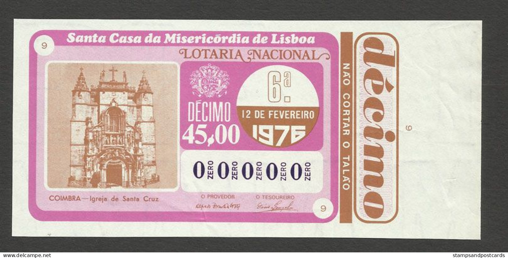 Portugal Loterie SPECIMEN Eglise Santa Cruz Coimbra 12.02.1976 RARE Santa Cruz Church - Billets De Loterie