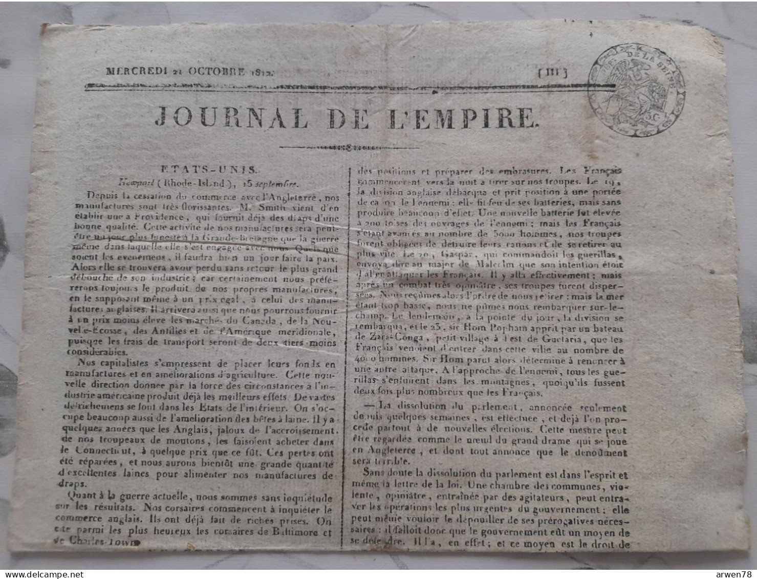 JOURNAL DE L'EMPIRE 21 OCTOBRE 1812 FRANCE ETATS UNIS ANGLETERRE PRUSSE SAXE - Journaux Anciens - Avant 1800