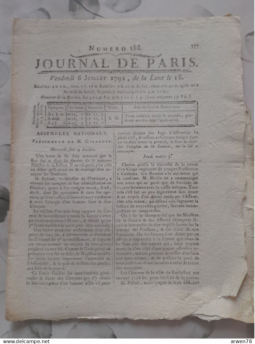 JOURNAL DE PARIS 6 Juillet 1792 ( Don Des Citoyens De ROCHEFORT Pour Les Frais De Guerre) - Giornali - Ante 1800