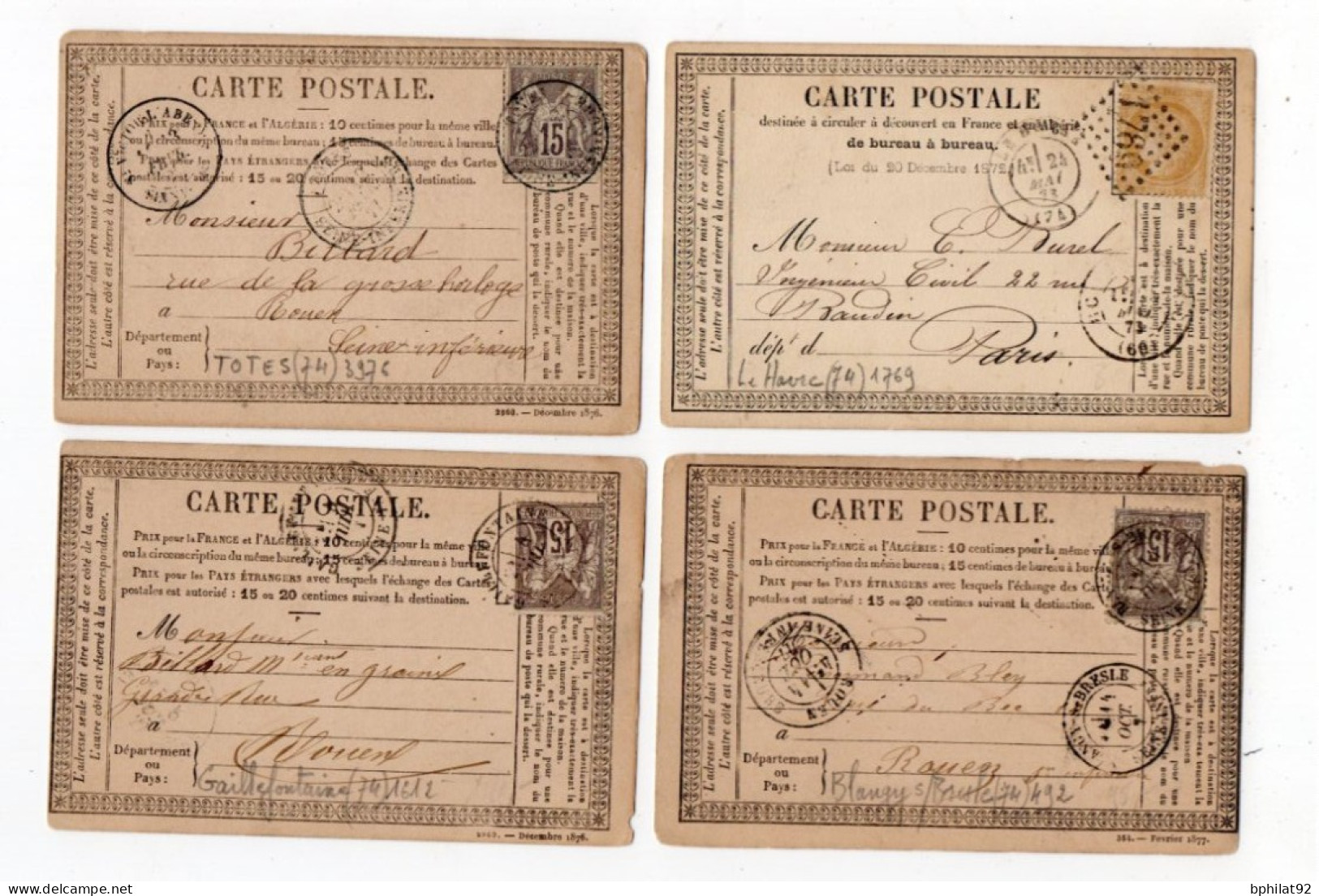 !!! LOT DE 4 CARTES PRECURSEUR CERES & SAGE CACHETS TOTES, BLANGY, GAILLEFONTAINE, LE HAVRE PORT (SEINE INF) - Cartes Précurseurs