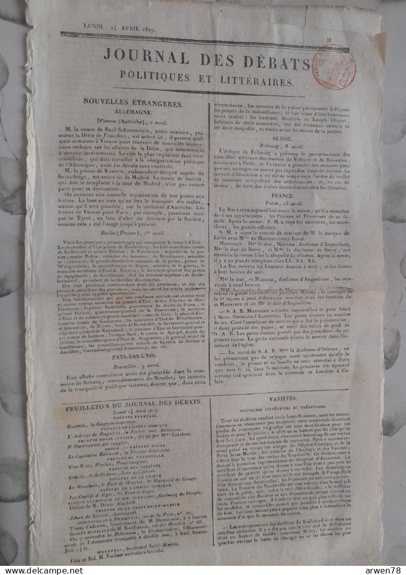 JOURNAL DES DEBATS 14avril 1817 ALLEMAGNE PAYS BAS SUISSE FRANCE - Journaux Anciens - Avant 1800
