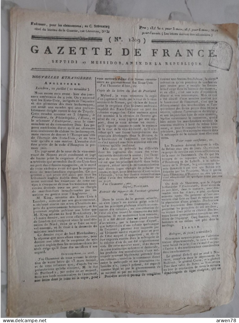 Journal GAZETTE DE FRANCE 27 Messidor An IX ( 16 Juillet 1801 ) ANGLETERRE ITALIE ALLEMAGNE NANCY PARIS - Giornali - Ante 1800