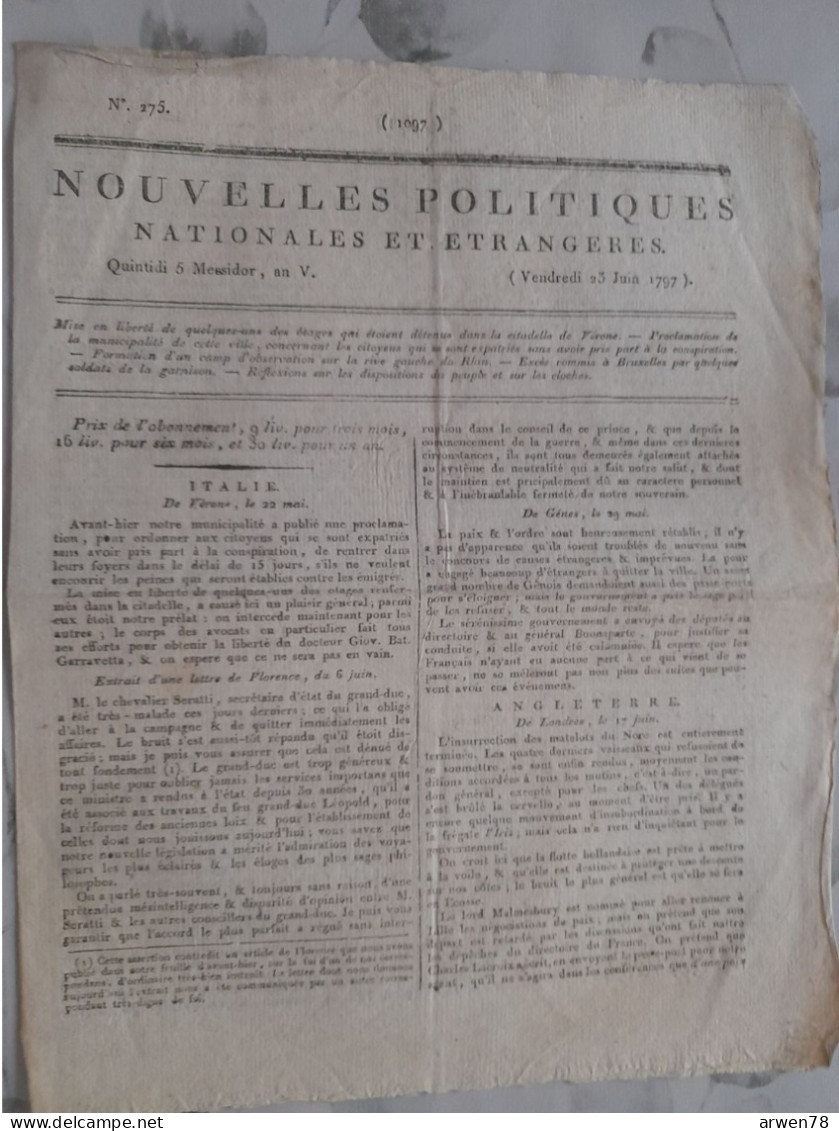 Journal NOUVELLES POLITIQUES 5 Messidor An V ( 23 Juin 1801 ) ITALIE ANGLETERRE BELGIQUE - Kranten Voor 1800