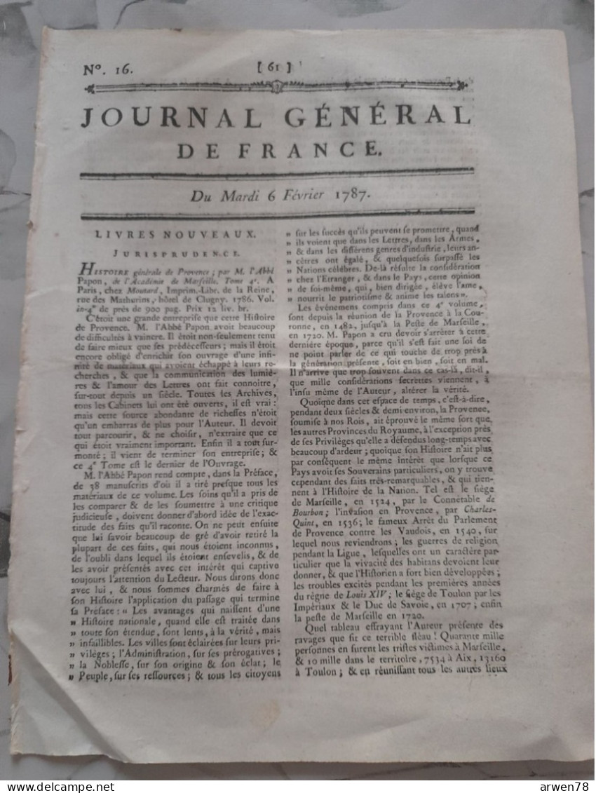 JOURNAL GENERAL DE FRANCE 4 Aout 1787 Littérature  Commerce économie RECETTE DU CHOCOLAT Etc - Newspapers - Before 1800