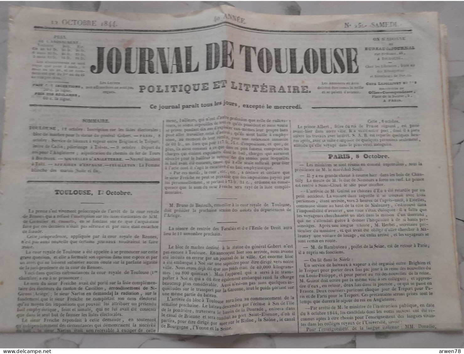 JOURNAL DE TOULOUSE 12 Octobre 1844 Voir Sommaire - Journaux Anciens - Avant 1800