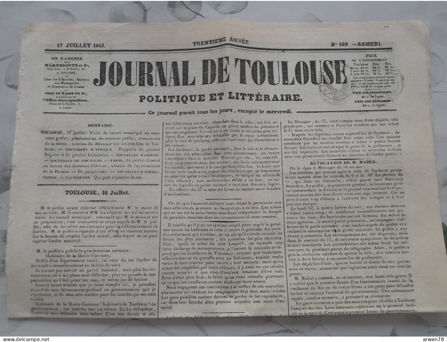 JOURNAL DE TOULOUSE 17 Juillet 1841 Voir Sommaire - Journaux Anciens - Avant 1800