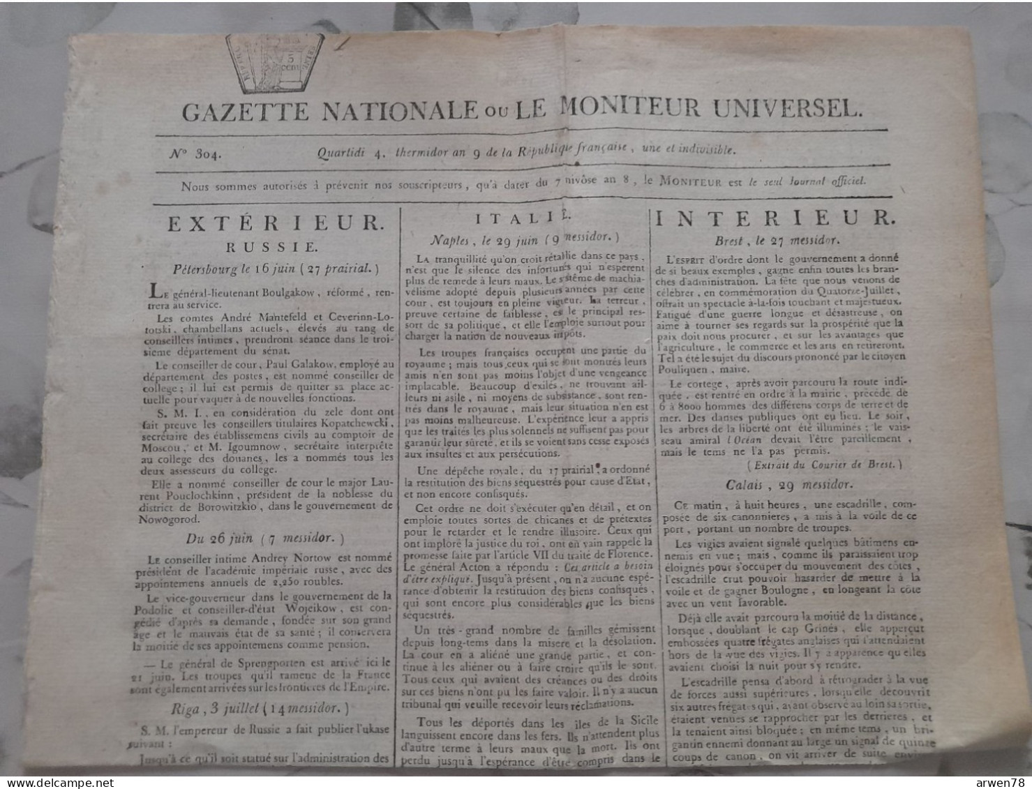 Journal GAZETTE NATIONALE LE MONITEUR UNIVERSEL 4 Thermidor An IX ( 23 Juillet 1801 ) BONAPARTE 1ER CONSUL - Kranten Voor 1800