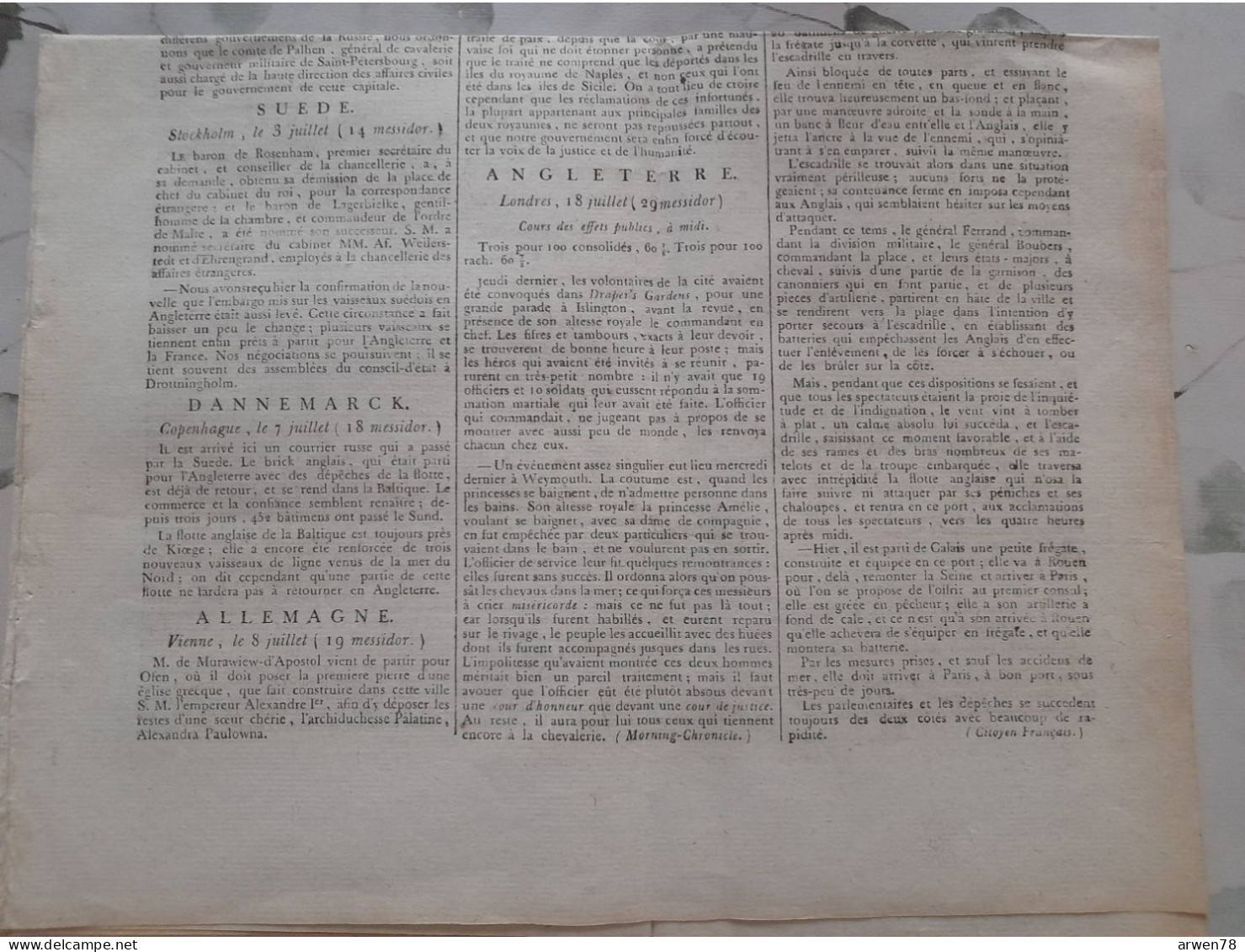 Journal GAZETTE NATIONALE LE MONITEUR UNIVERSEL 4 Thermidor An IX ( 23 Juillet 1801 ) BONAPARTE 1ER CONSUL - Zeitungen - Vor 1800