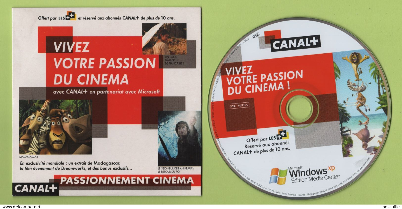 CANAL+ / MICROSOFT WINDOWS XP EDITION MEDIA CENTER - VIDEO CD EXTRAIT DU FILM ANIME MADAGASCAR - 2003/2004 ? - Kit De Conección A Internet