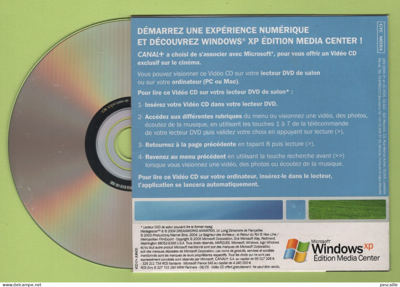 CANAL+ / MICROSOFT WINDOWS XP EDITION MEDIA CENTER - VIDEO CD EXTRAIT DU FILM ANIME MADAGASCAR - 2003/2004 ? - Kit Di Connessione A  Internet