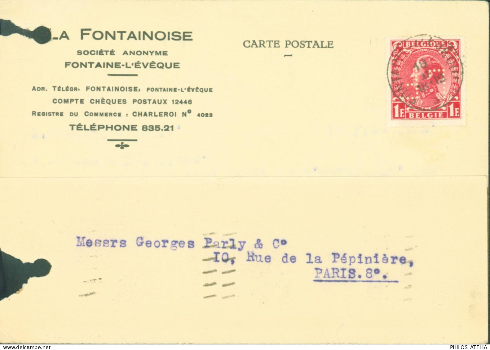 Belgique YT N°403 Léopold III Perforé Perforation LF La Fontainoise à Fontaine L'Evêque CAD Fontaine L'évêque 18 2 36 - 1934-51