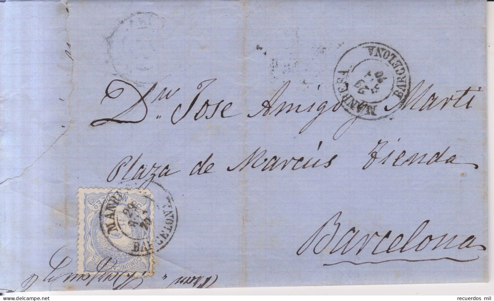 Año 1870 Edifil 107 Alegoria Carta Matasellos Manresa Barcelona - Storia Postale