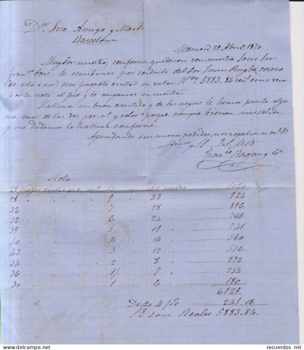 Año 1870 Edifil 107 Alegoria Carta Matasellos Manresa Barcelona - Lettres & Documents