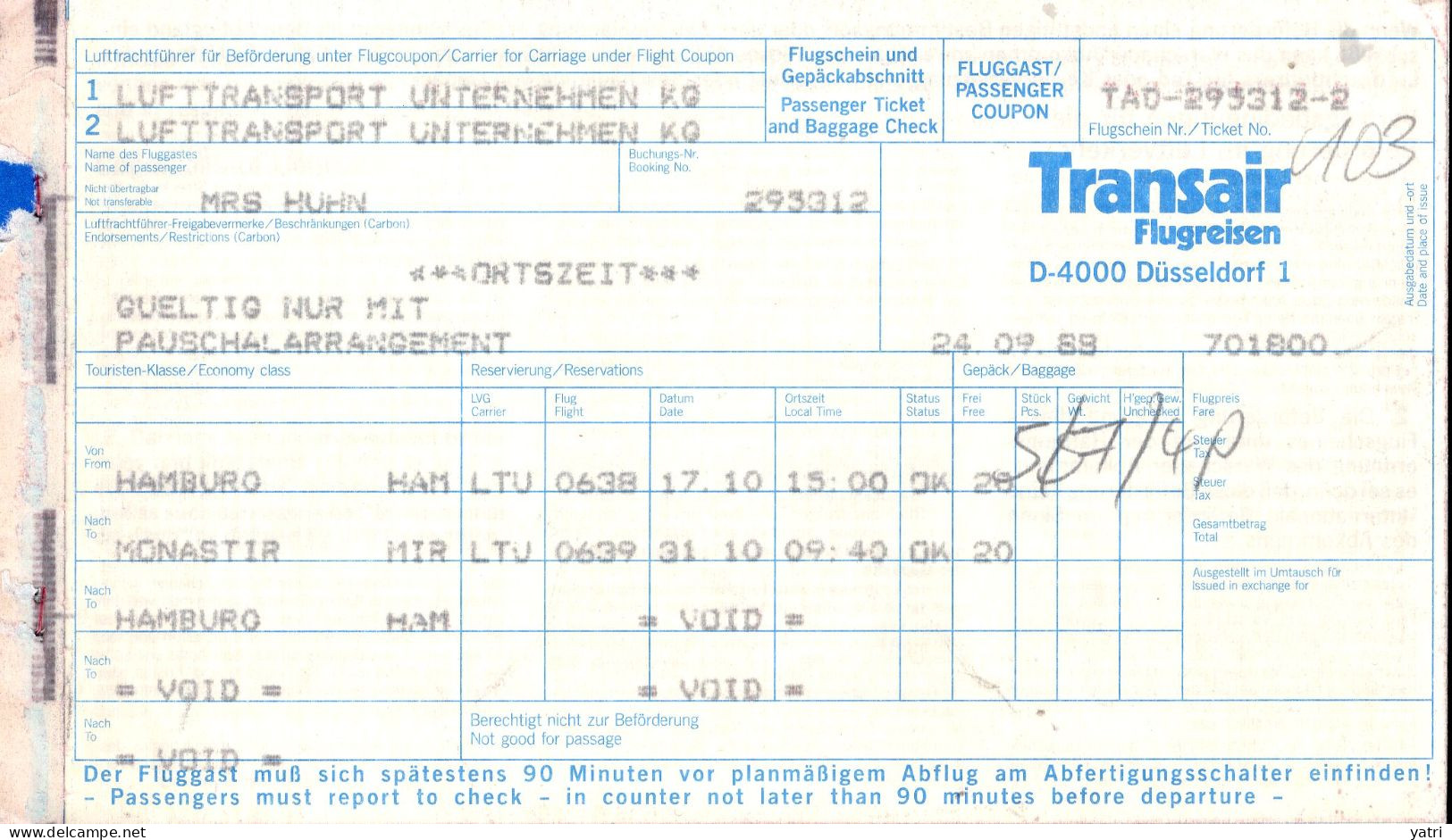 Germania (1989) - Biglietto Aereo Da Hamburg Per Monastir - Europa
