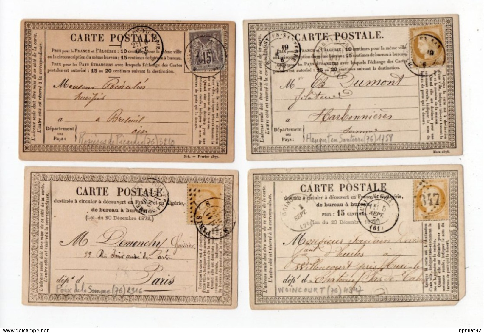 !!! LOT DE 4 CARTES PRECURSEUR CERES ET SAGE CACHETS DE POIX DE LA SOMME, ROSIERES, WOINCOURT, HANGEST (SOMME) - Precursor Cards