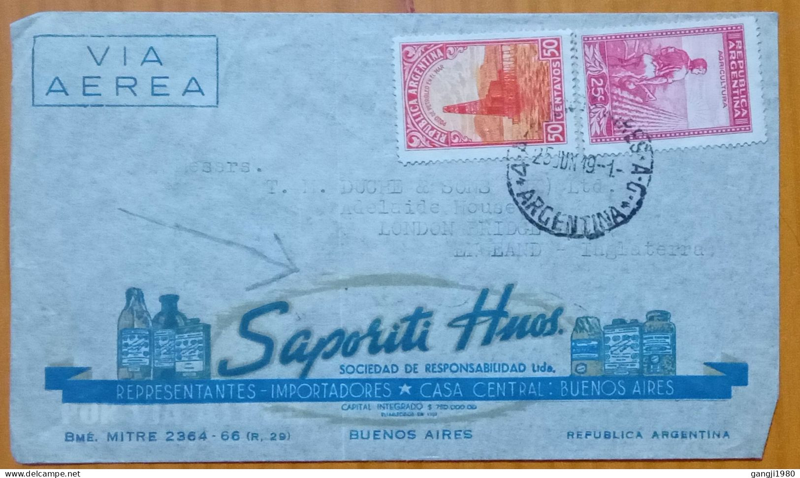 ARGENTINA 1939, COVER USED TO USA, ILLUSTRATE, ADVERTISING SAPORITI HOUS,  2 STAMP, OIL PLATFORM, FARMER, AGRICULTURE. - Lettres & Documents