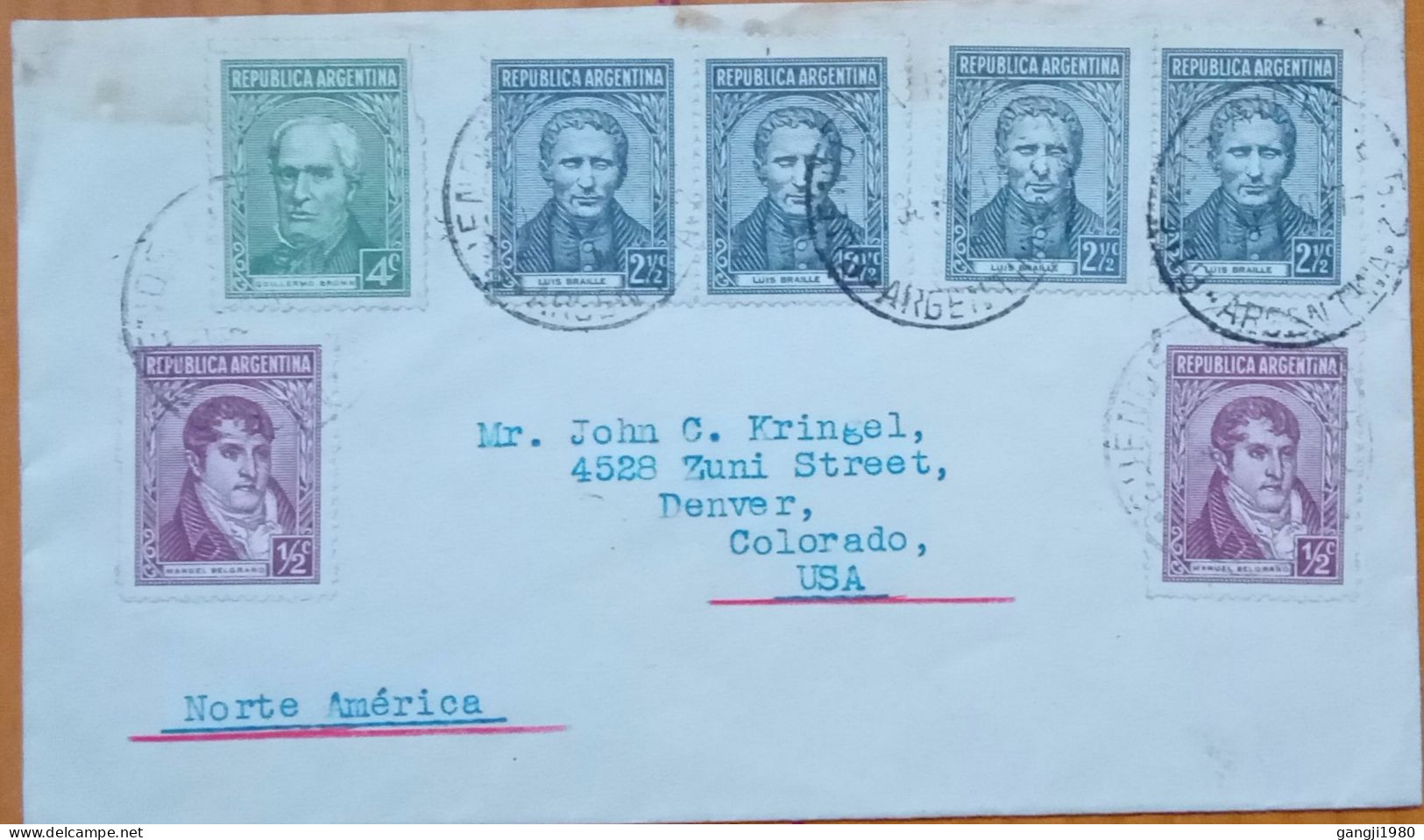 ARGENTINA 1935,COVER USED TO USA, MULTI 7 STAMP, BELGRANO PORTRAIT, SAN MARTIN, LUIS BRAILLE, INVENTOR READ BLIND PEOPLE - Lettres & Documents