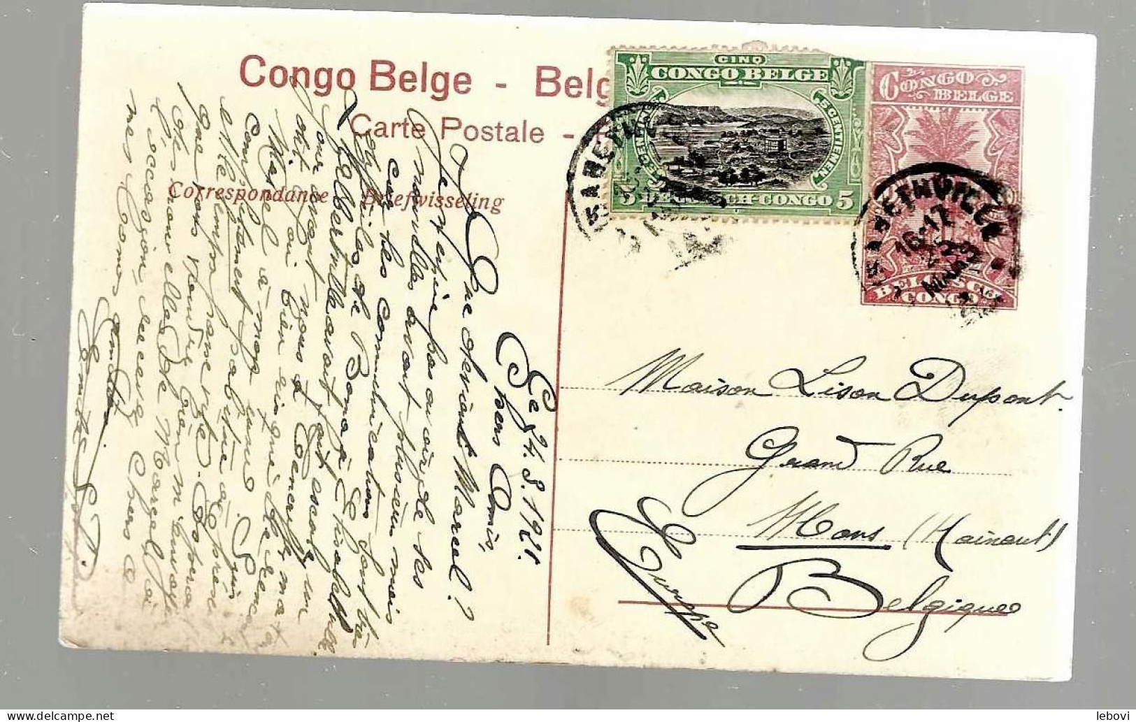 CP N° 49 « Chemin De Fer Du BAS – CONGO  » Ayant Circulé D’ELISABETH Vers MONS (1921) - Brieven En Documenten
