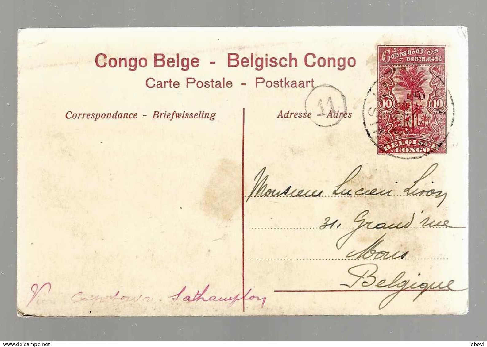 CP N° 58 « Chemin De Fer Du Bas – Congo – Pont Sur Le Pozo » Ayant Circulé De LUSAMBO Vers MONS (1921) - Cartas & Documentos