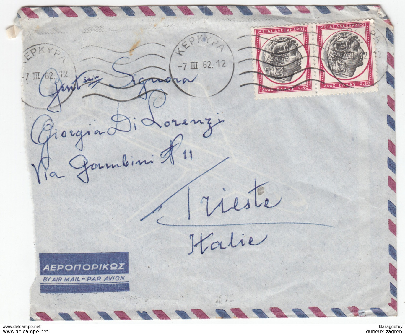 Greece Air Mail Letter Cover Travelled 1962 Kerkyra To Trieste B170310 - Covers & Documents