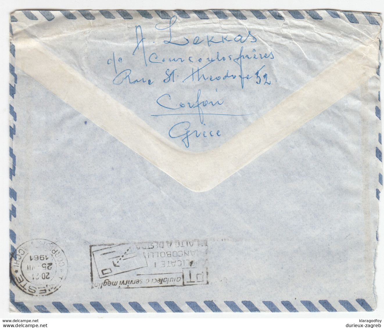 Greece Air Mail Letter Cover Travelled 1961 Kerkyra To Trieste B170310 - Covers & Documents