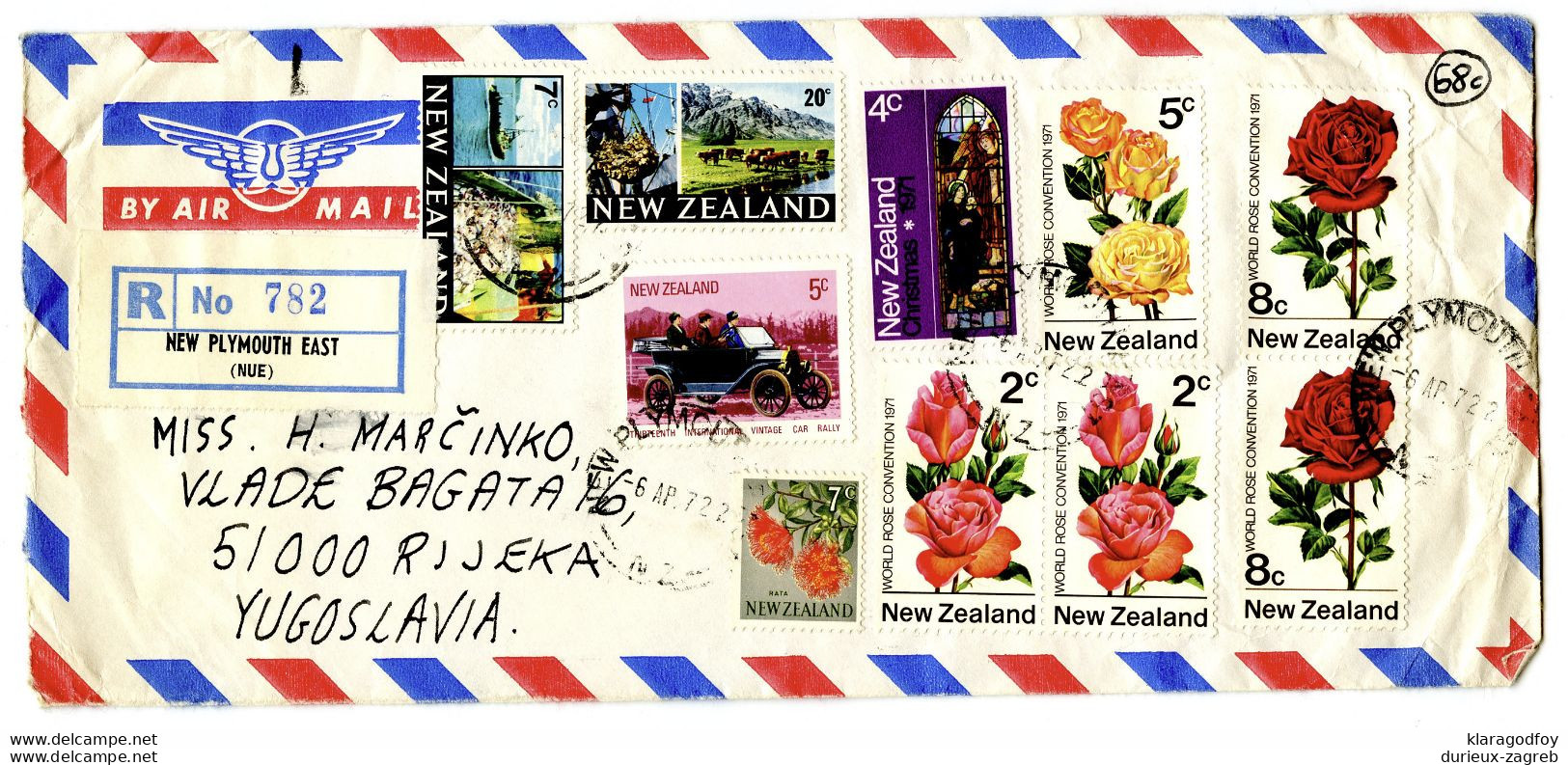 New Zealand Multifranked (roses) Air Mail Letter Cover Posted Registered 1972 New Plymouth Est Ot Rijeka B201101 - Briefe U. Dokumente