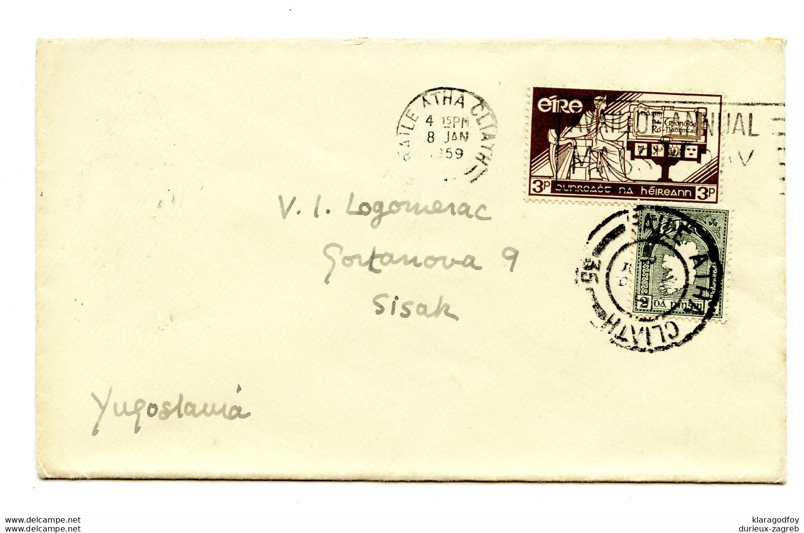 Ireland Letter Cover Posted 1959 Baile Atha Cliath To Sisak B201101 - Storia Postale